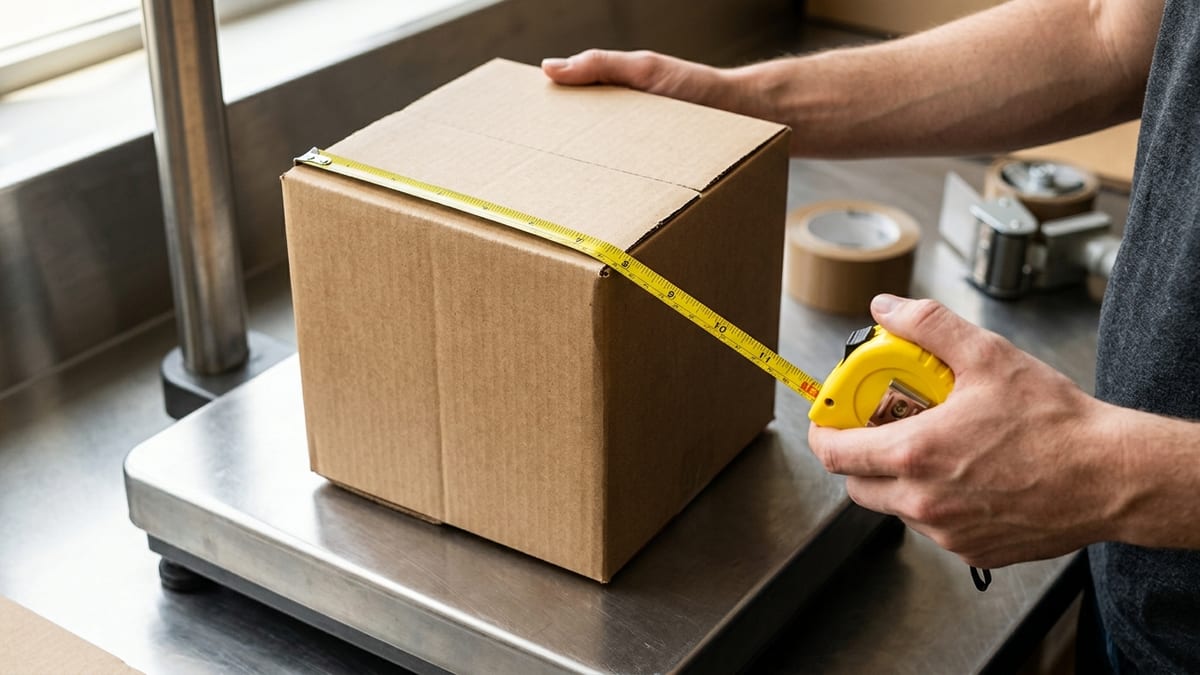 Cardboard shipping boxes being measured with a tape ruler on a warehouse packing table