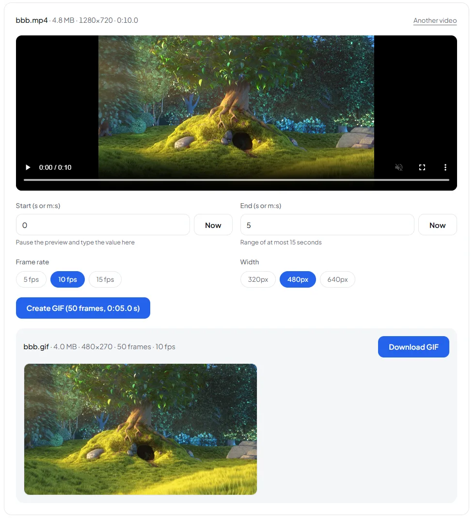 The Video to GIF Converter with a 5-second range selected, 10 fps and 480px chosen, and the finished 4.0 MB GIF ready to download